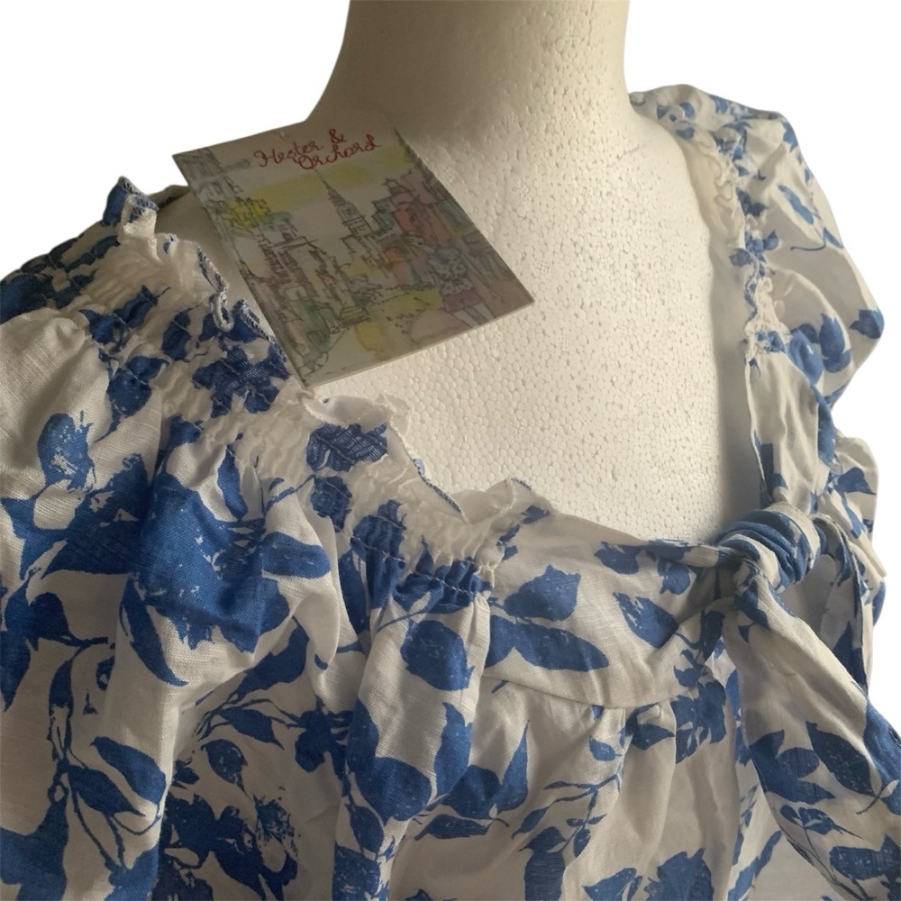 π Floral Linen Tunic Top Ruffle Tie Front Light Smocking Periwinkle Blue White M - Picture 6 of 14
